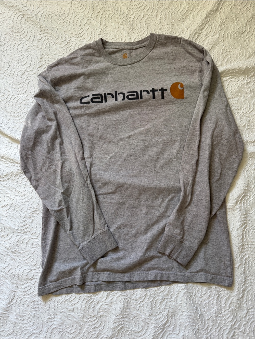 Carhartt Gray Long-Sleeve Logo Tee with Gold Accent